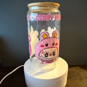 Pink Character Glass Cup with Wooden Lid